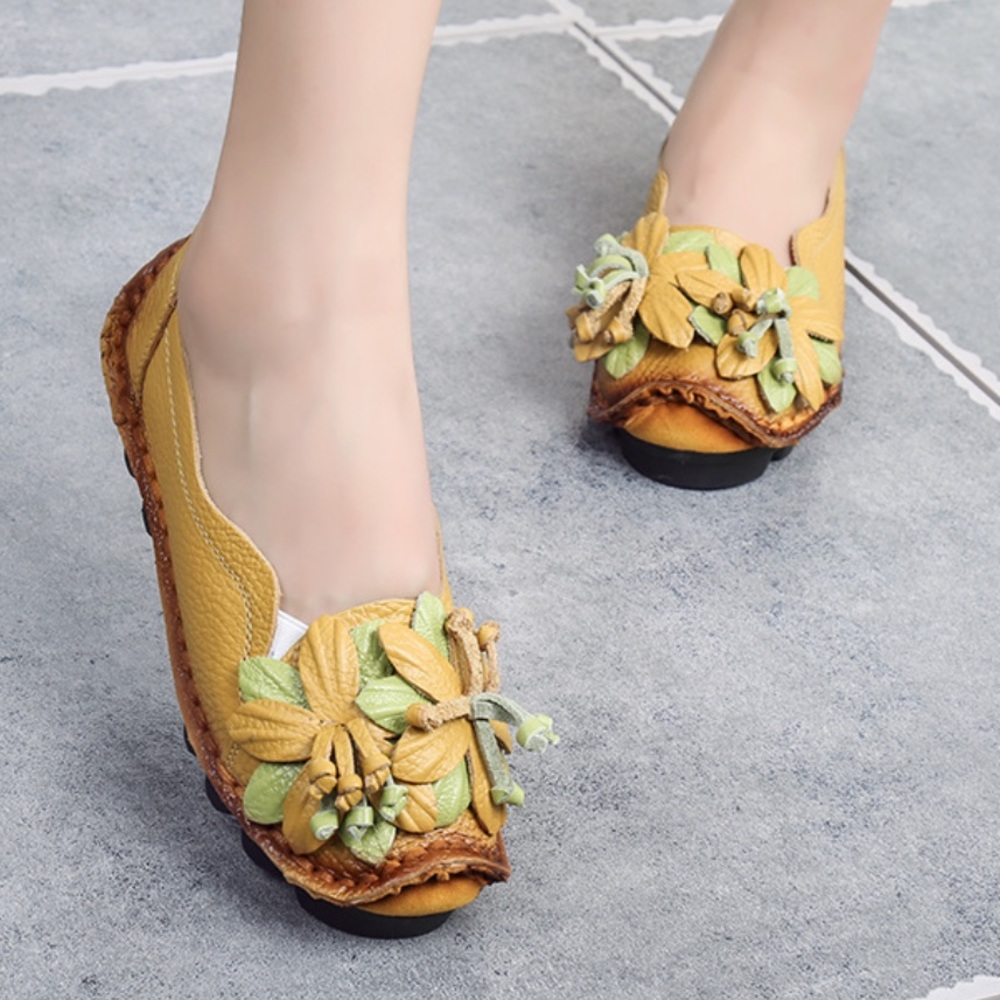 Socofy hand made yellow floral genuine leather loafers